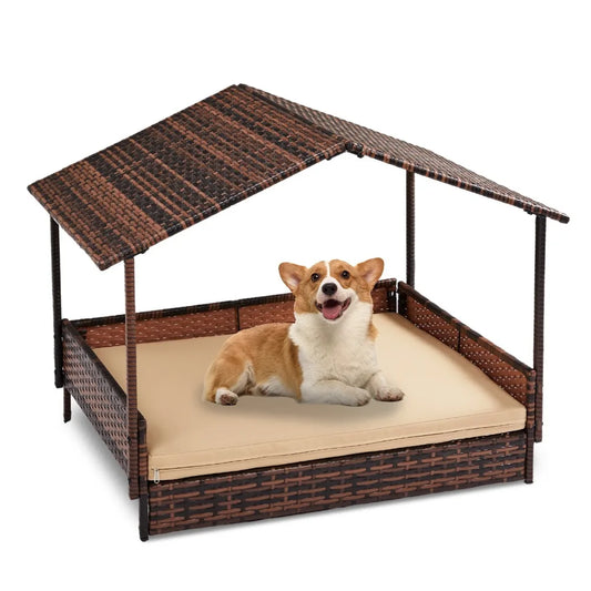  Elevated Rattan Dog Bed with Canopy – Indoor/Outdoor Pet Lounger with Washable Cushion