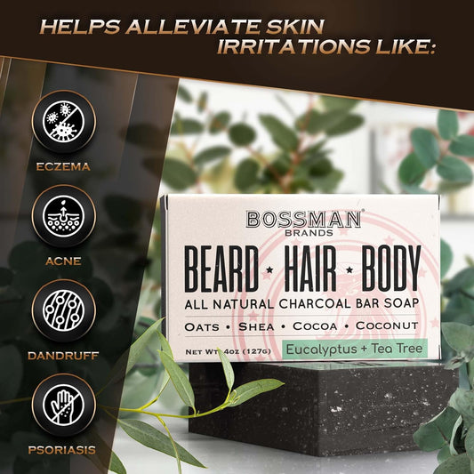 6-Pack 4-In-1 Bar Soap for Men – All Natural Organic Beard Wash, Shampoo, Body Wash & Shaving Soap – Eucalyptus & Tea Tree Scent 