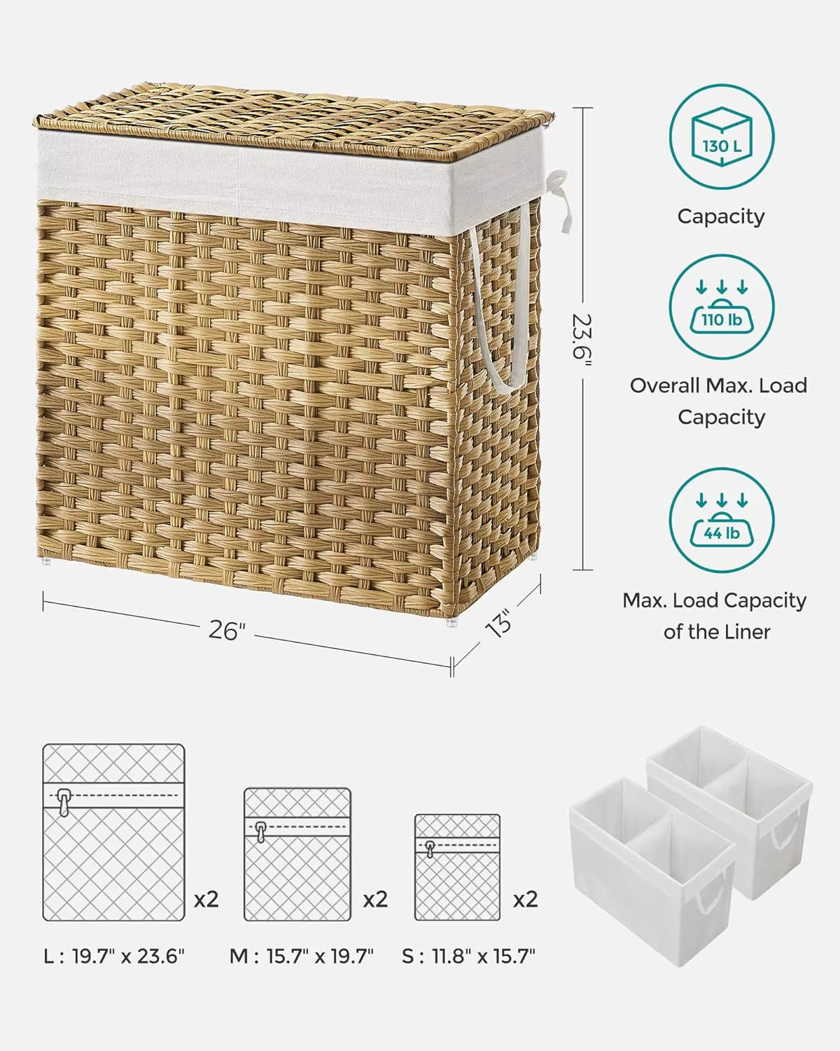 Large Laundry Hamper with Lid – 130L (34.3 Gallons) Wicker Basket with Removable Liners & Mesh Bags
