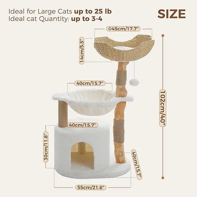  Modern 40" Cat Tree with Solid Wood Scratching Post, Wicker Basket & Large Hammock