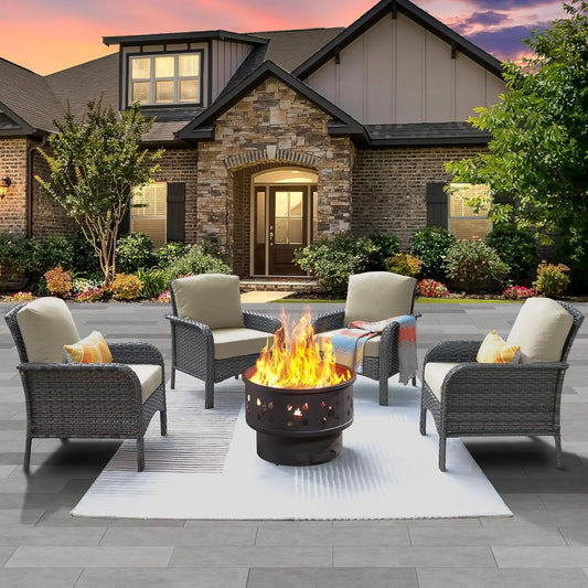 4-Piece Outdoor Patio Set with 30" Fire Pit Table  [All-Weather Wicker Chairs with High Backs, Seating for 4]  
