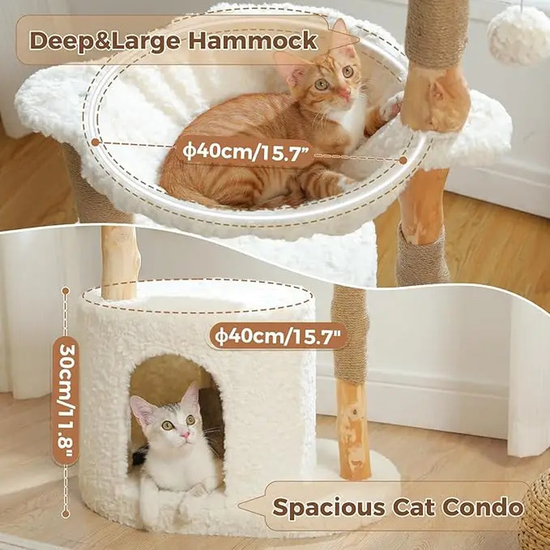  Modern 40" Cat Tree with Solid Wood Scratching Post, Wicker Basket & Large Hammock