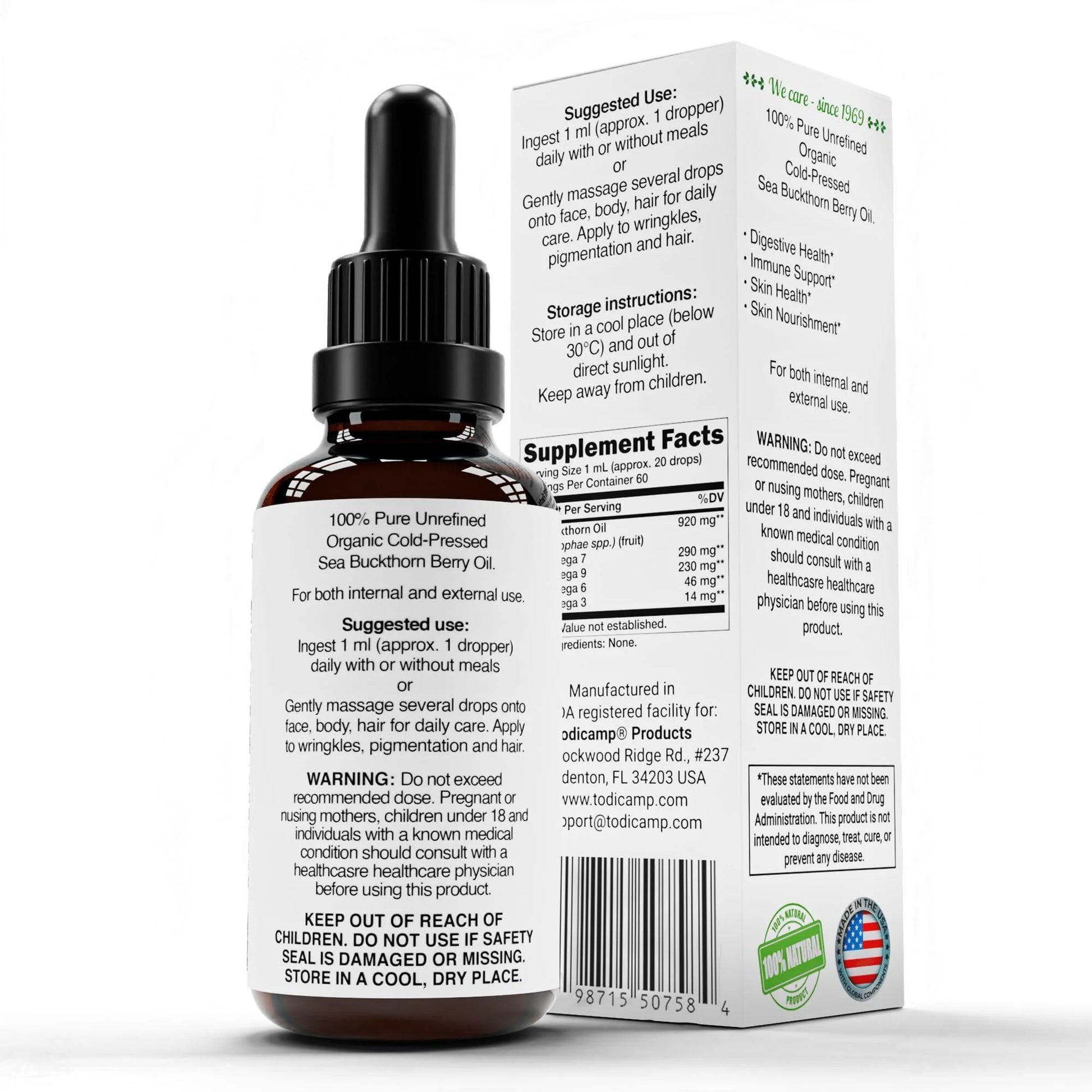  Organic Sea Buckthorn Oil – Cold-Pressed 1oz | For Face, Hair & Body