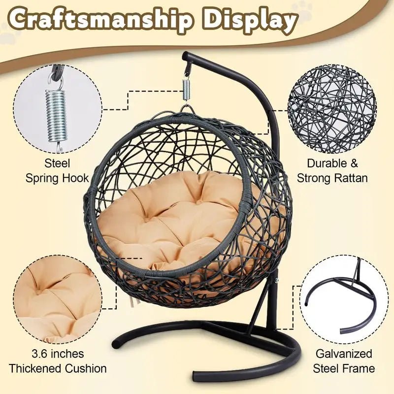 Cozy Rattan Cat Swing Bed with Stand & Cushion - | KSLotuslux