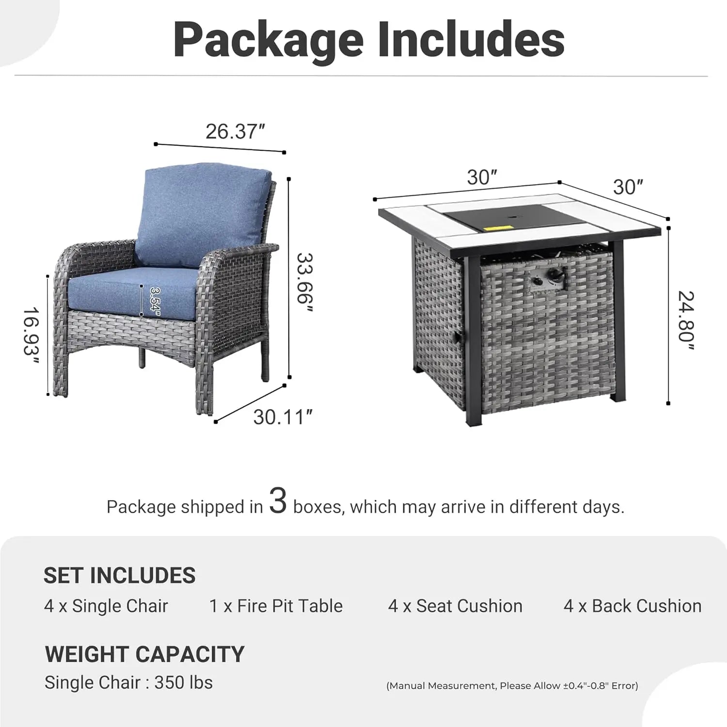 4-Piece Outdoor Patio Set with 30" Fire Pit Table  [All-Weather Wicker Chairs with High Backs, Seating for 4]  