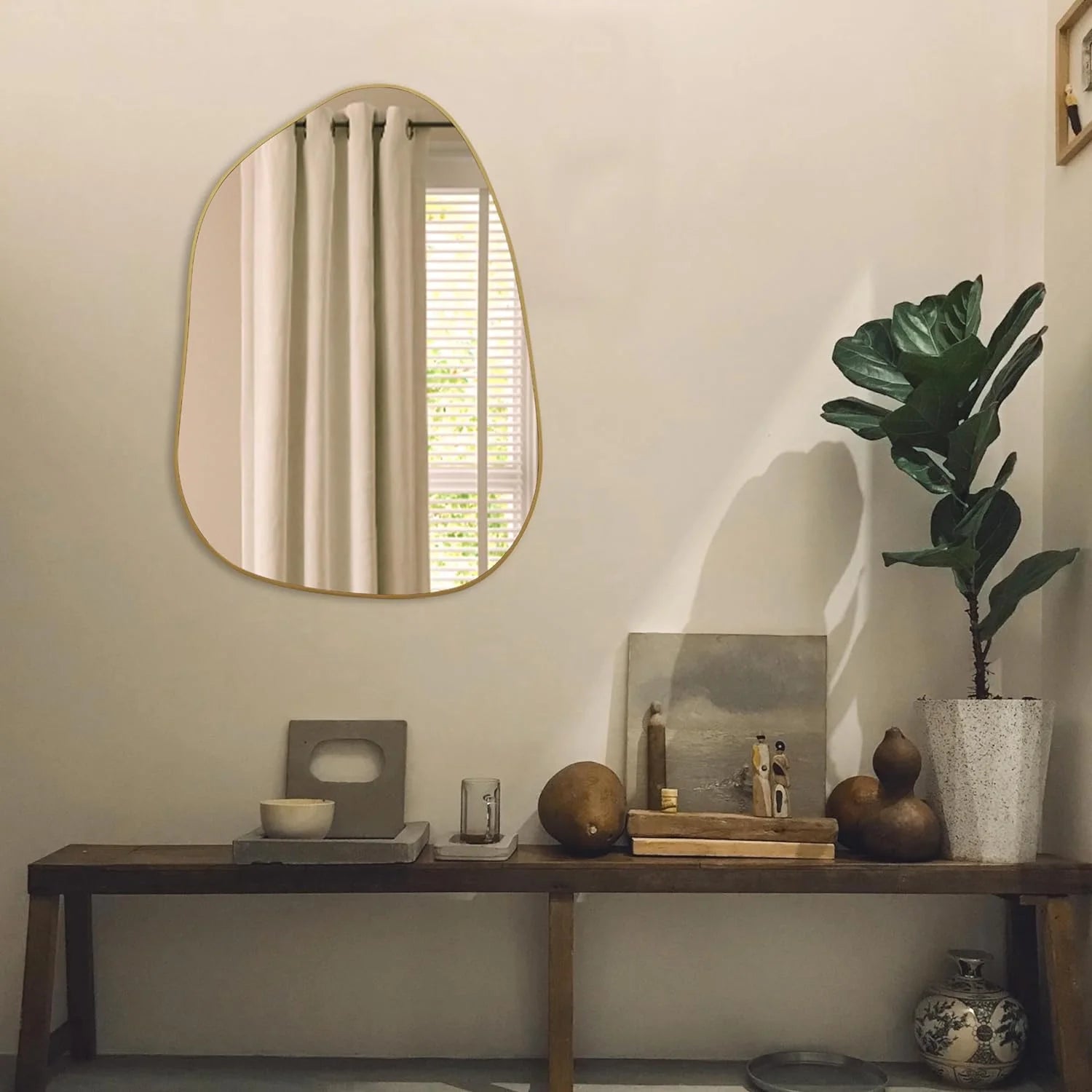 Statement Wall Mirror – Irregular Design with Golden Wood Frame for Modern Décor