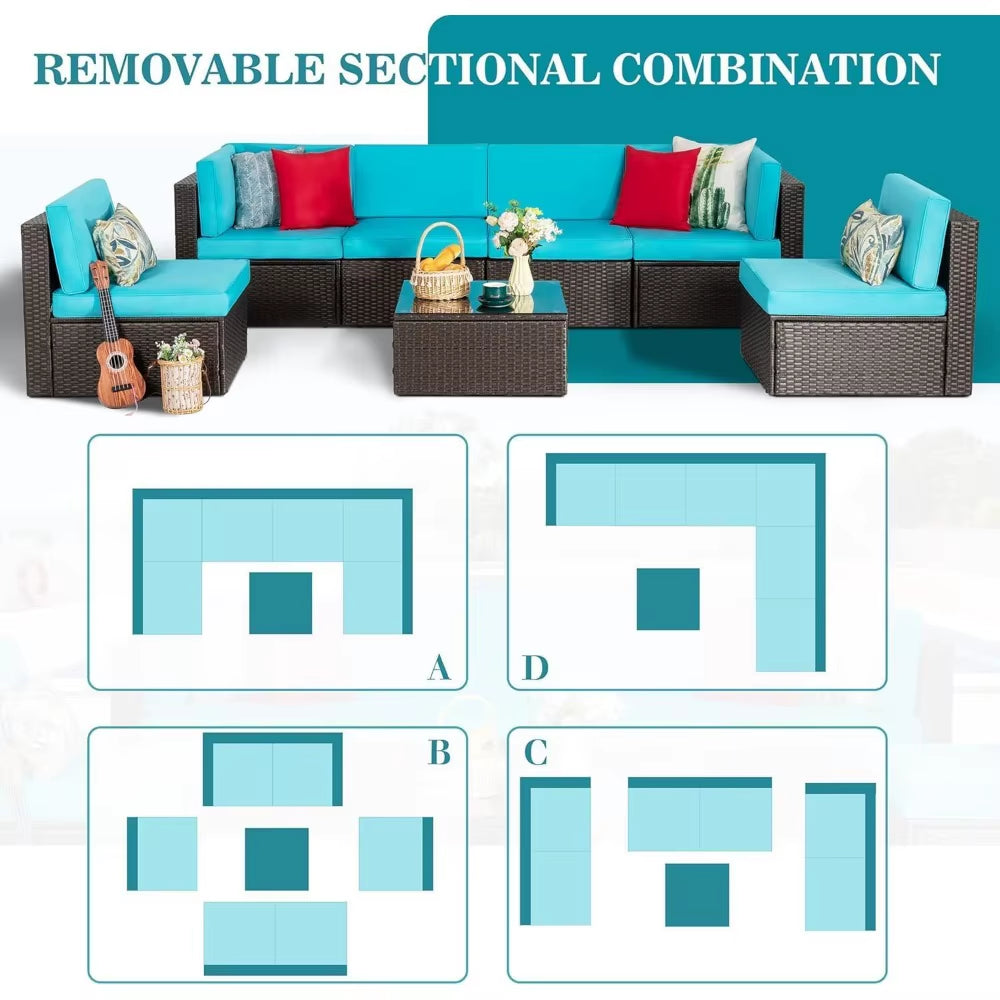  L-Shaped Outdoor Patio Set – 7-Piece Rattan Furniture with Glass Table