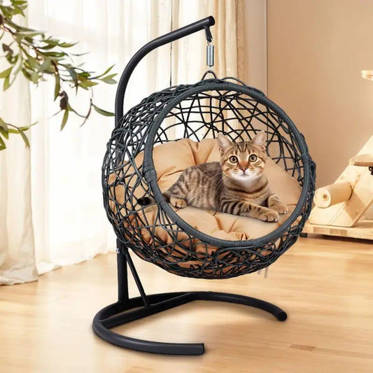  Cozy Rattan Cat Swing Bed with Stand & Cushion