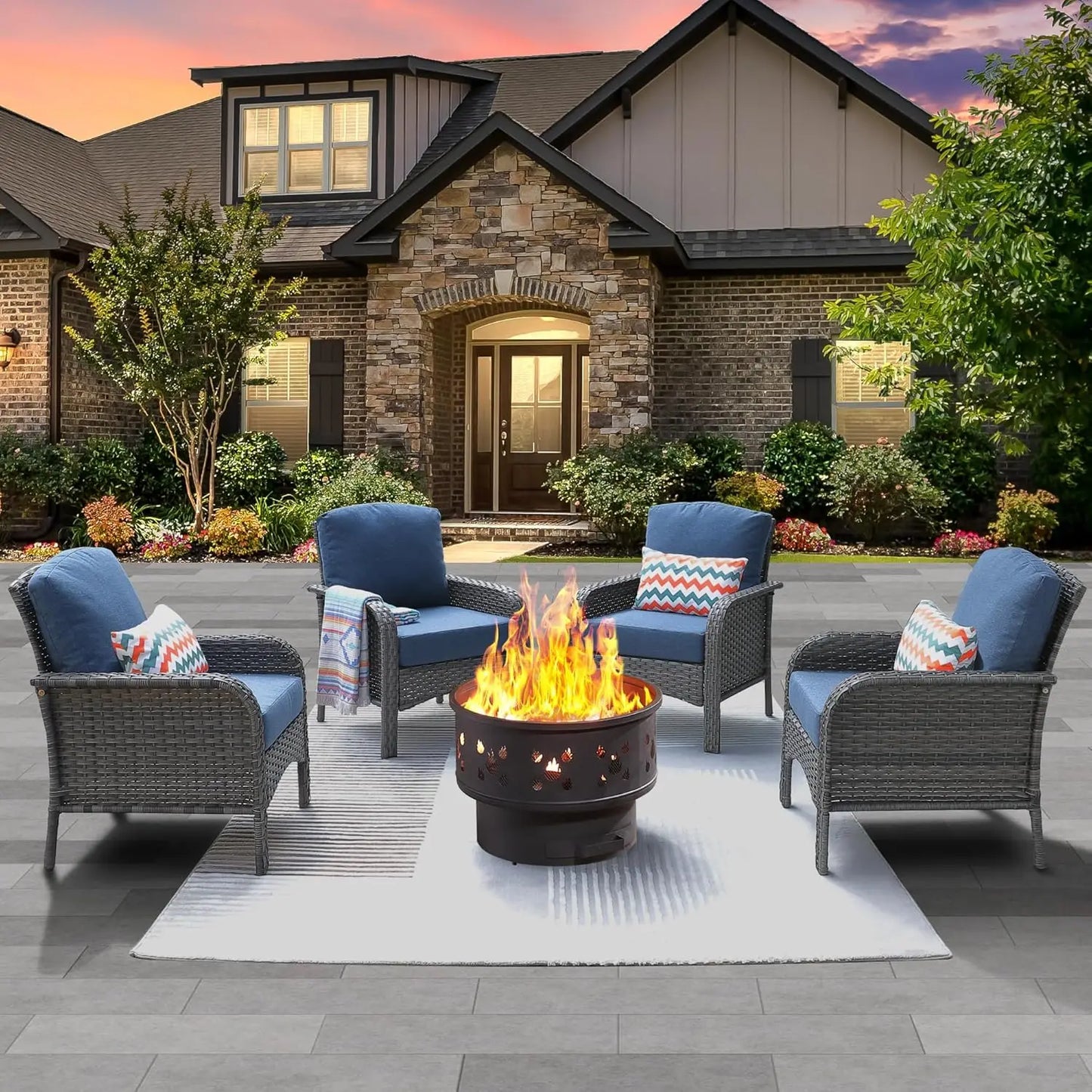 4-Piece Outdoor Patio Set with 30" Fire Pit Table  [All-Weather Wicker Chairs with High Backs, Seating for 4]  