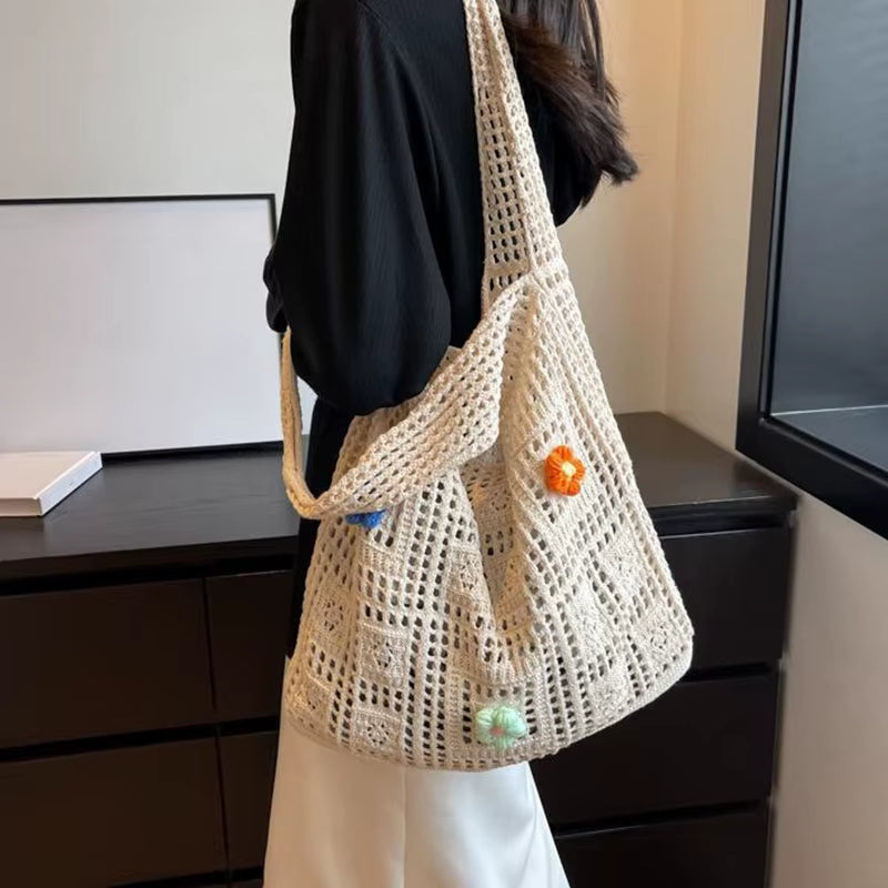Designer Woven Flower Handbag -  Large Capacity  
