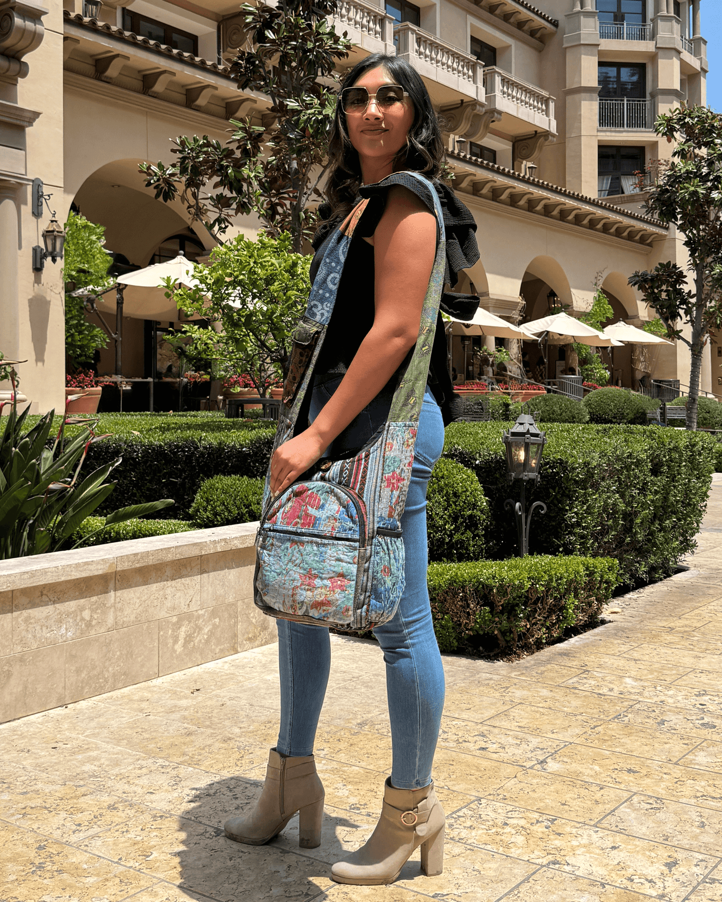 Patchwork Hobo Bag with Side Water Bottle Pockets