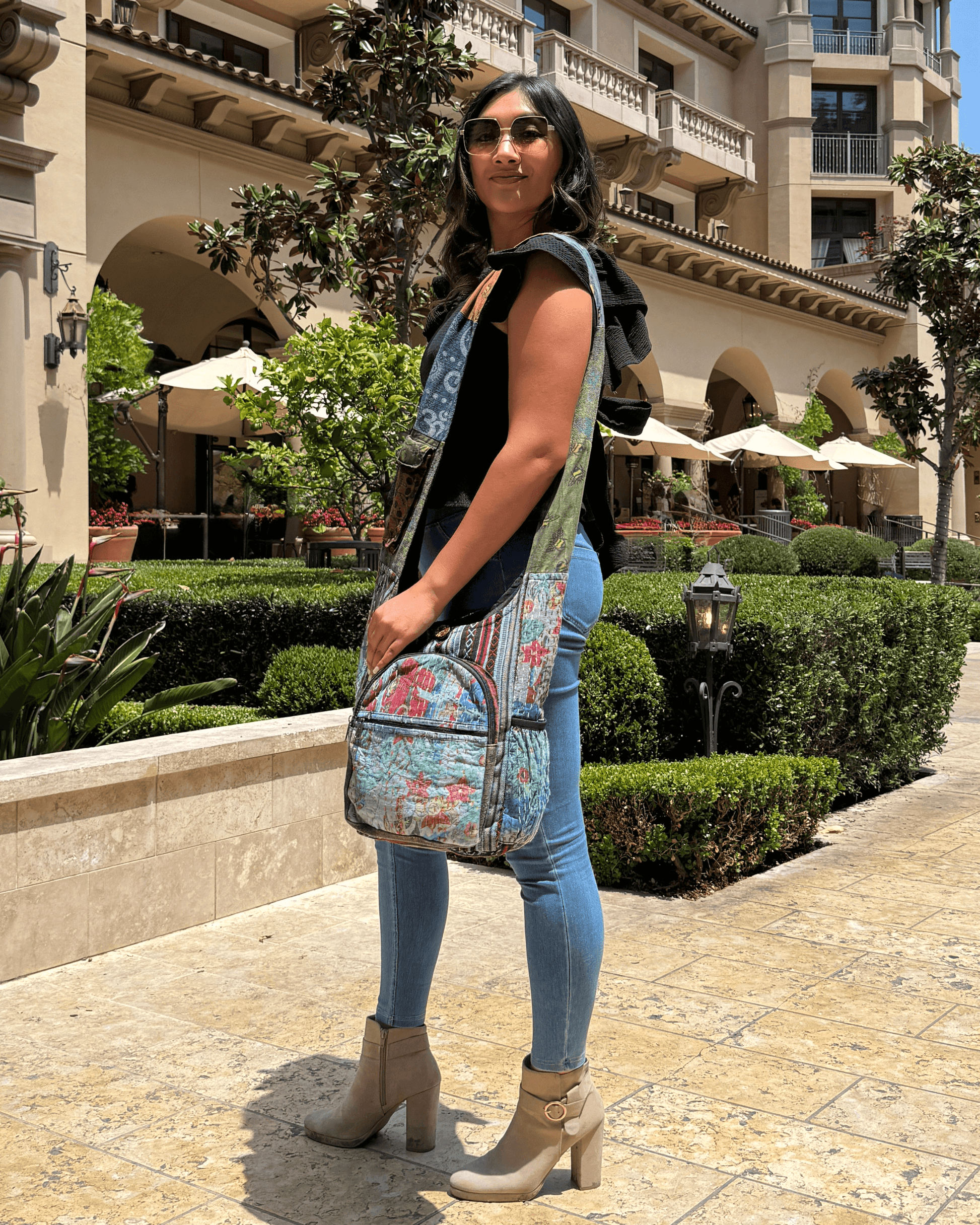 Patchwork Hobo Bag with Side Water Bottle Pockets