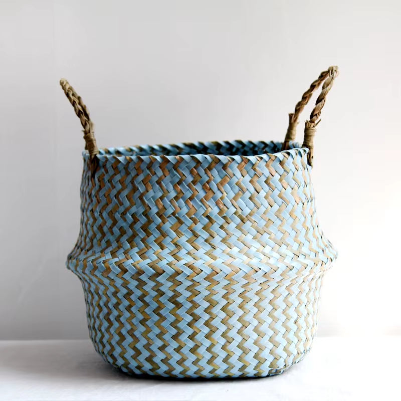 Boho Striped Wicker Storage Basket – Handmade & Collapsible