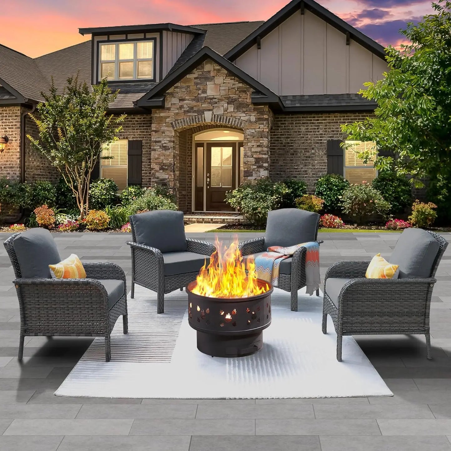 4-Piece Outdoor Patio Set with 30" Fire Pit Table  [All-Weather Wicker Chairs with High Backs, Seating for 4]  