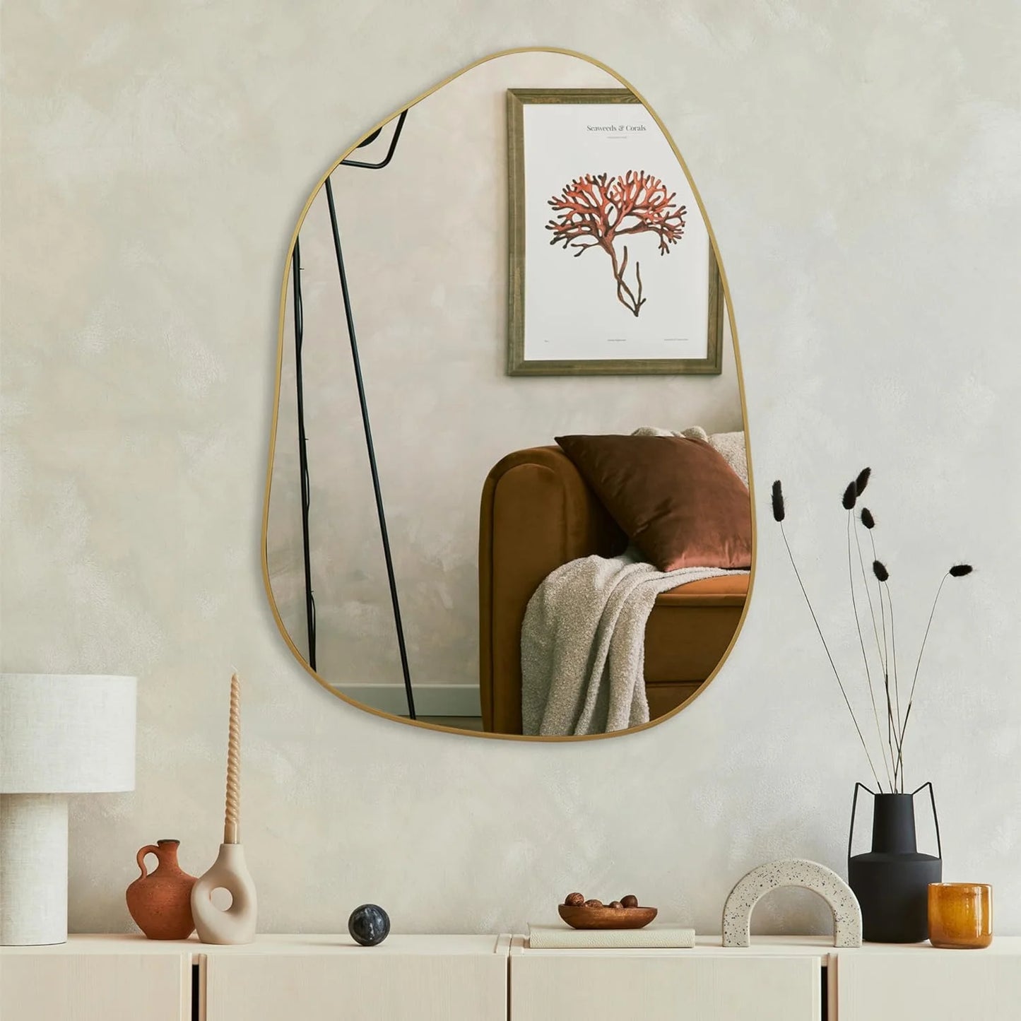 Statement Wall Mirror – Irregular Design with Golden Wood Frame for Modern Décor