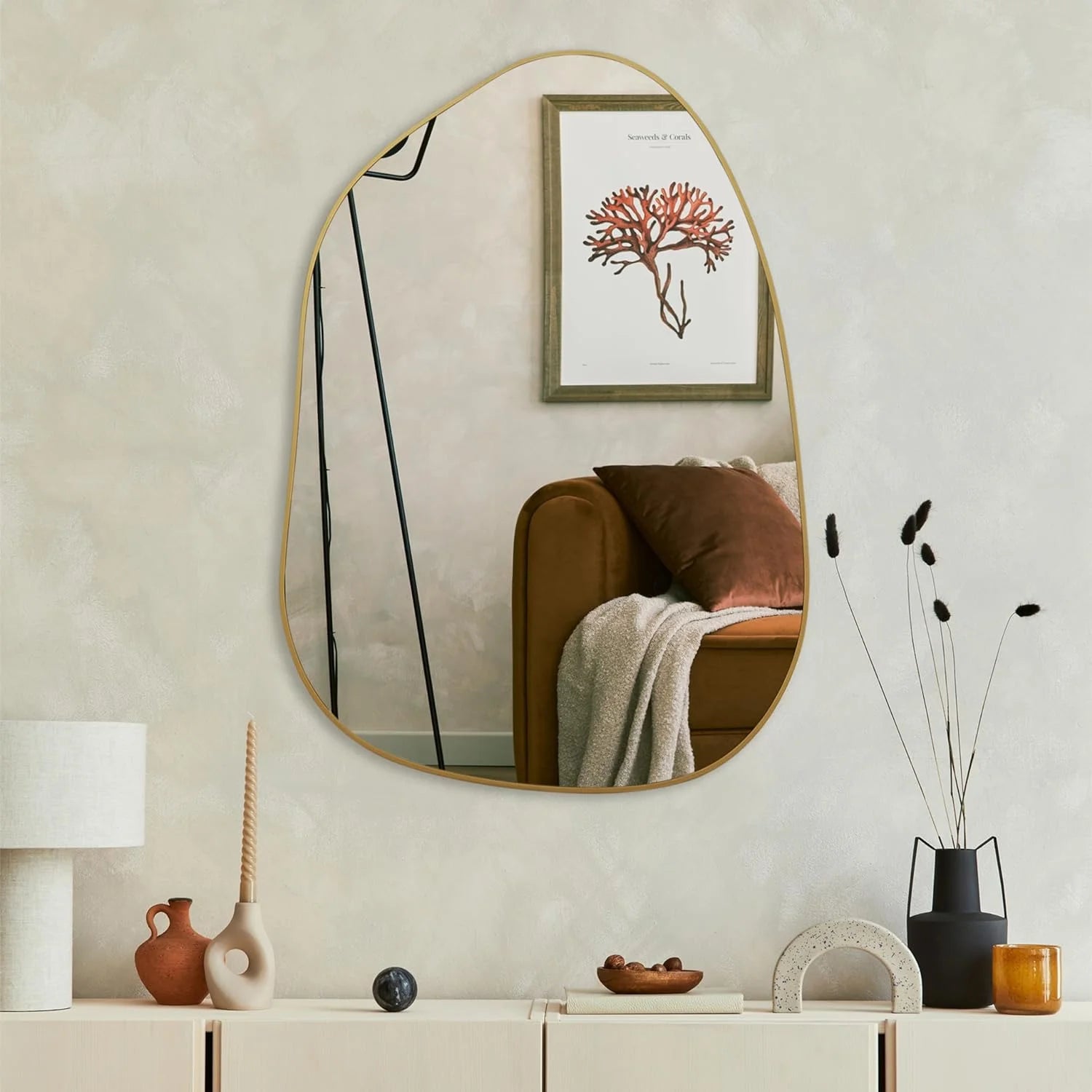 Statement Wall Mirror – Irregular Design with Golden Wood Frame for Modern Décor