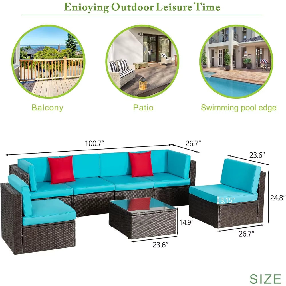  L-Shaped Outdoor Patio Set – 7-Piece Rattan Furniture with Glass Table