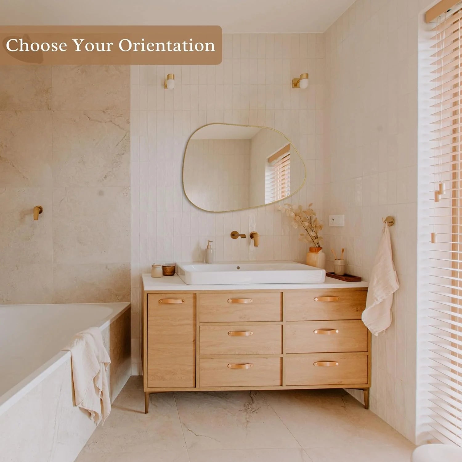 Statement Wall Mirror – Irregular Design with Golden Wood Frame for Modern Décor