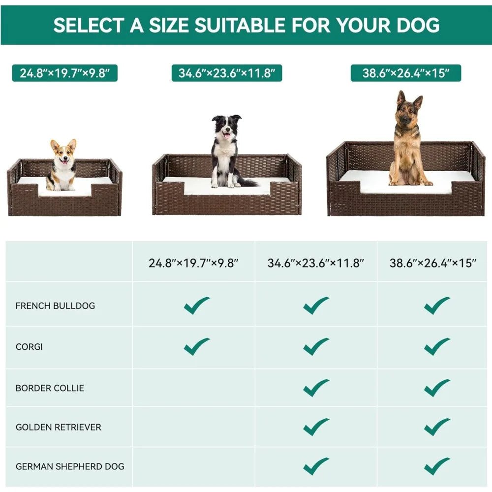 Handwoven Rattan Dog Sofa Bed with Cushion – Indoor/Outdoor/ Water Resistant for Small to Large Dogs - | KSLotuslux
