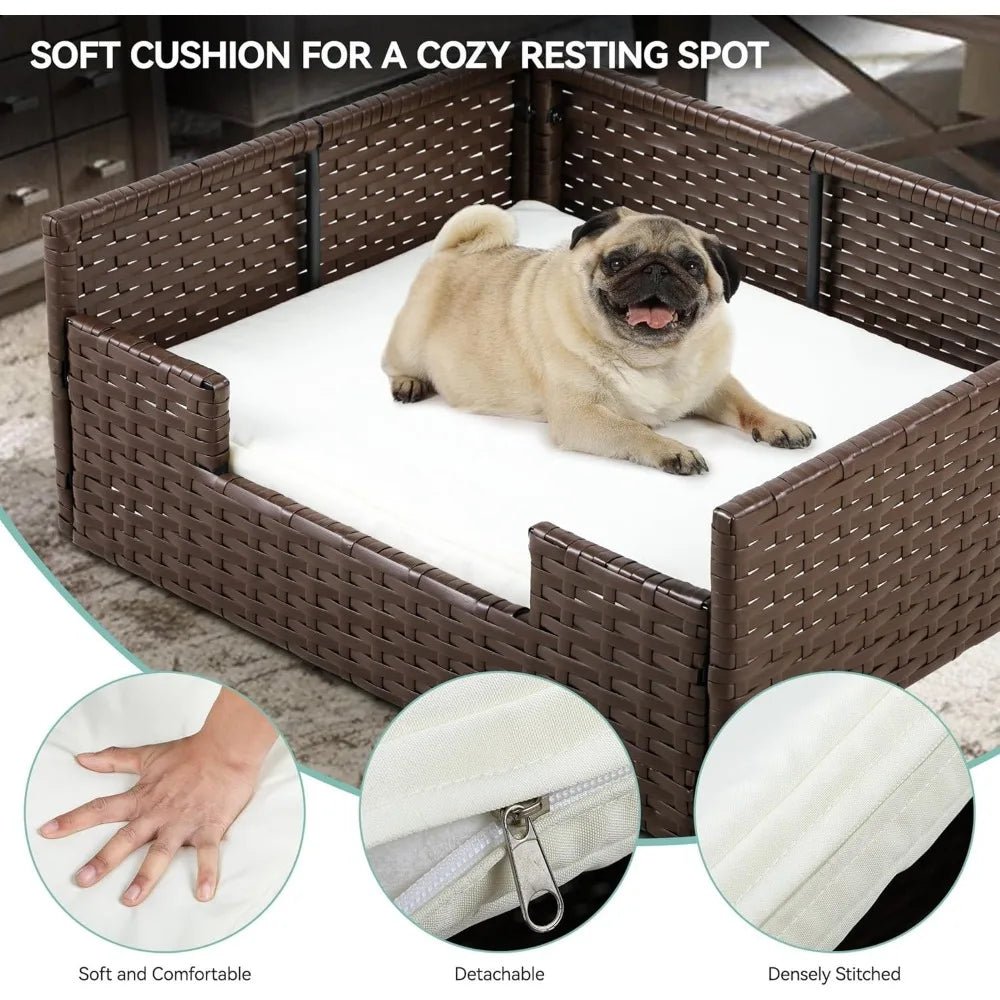 Handwoven Rattan Dog Sofa Bed with Cushion – Indoor/Outdoor/ Water Resistant for Small to Large Dogs - | KSLotuslux