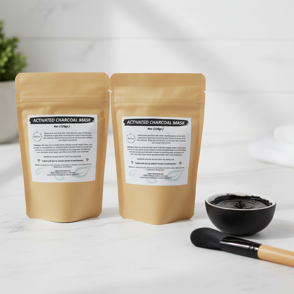 Activated Charcoal Mask pouches on marble with charcoal paste bowl and face mask brush