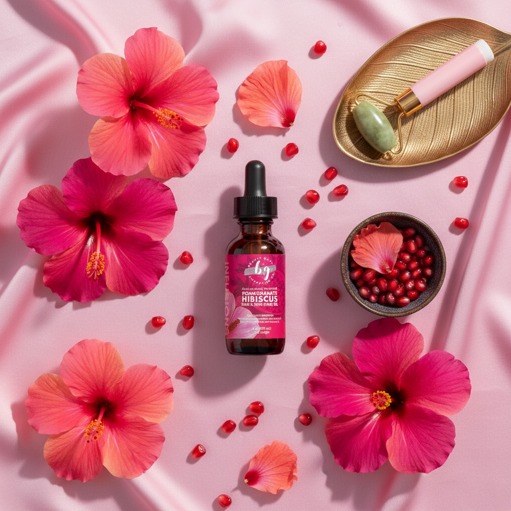 Pomegranate Hibiscus Hair and Skin Oil flat lay with hibiscus flowers and pomegranate seeds on pink background