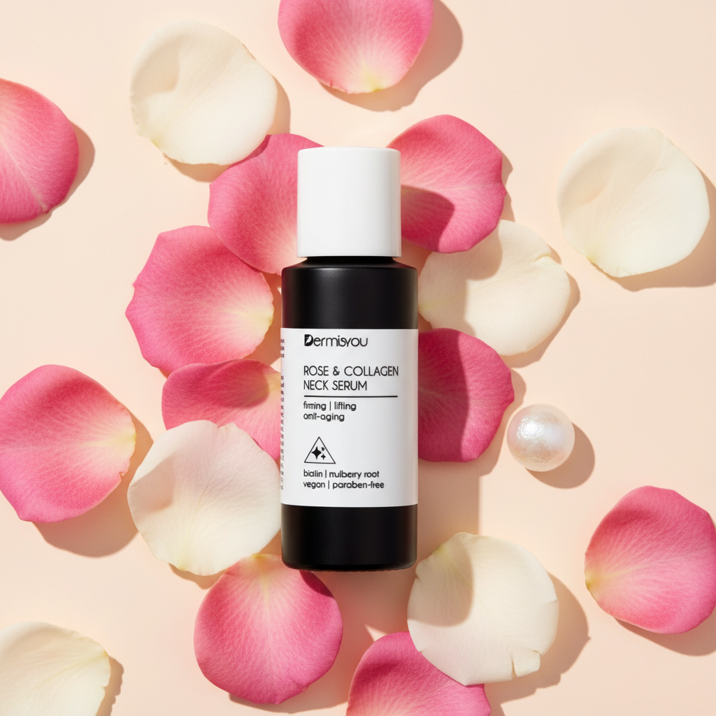 Rose & Collagen Neck Serum flat lay with rose petals on peach background