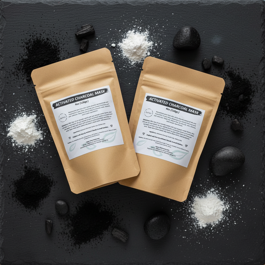 Activated Charcoal Mask 2-pack flat lay on dark slate with charcoal powder and black stones