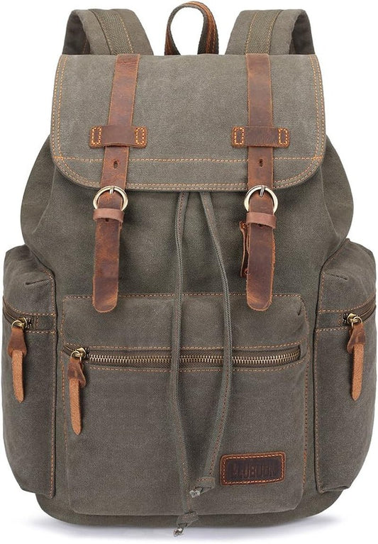 Vintage Backpack with Leather Trim – Casual Bookbag for Men & Women | Laptop Travel Rucksack - | KSLotuslux