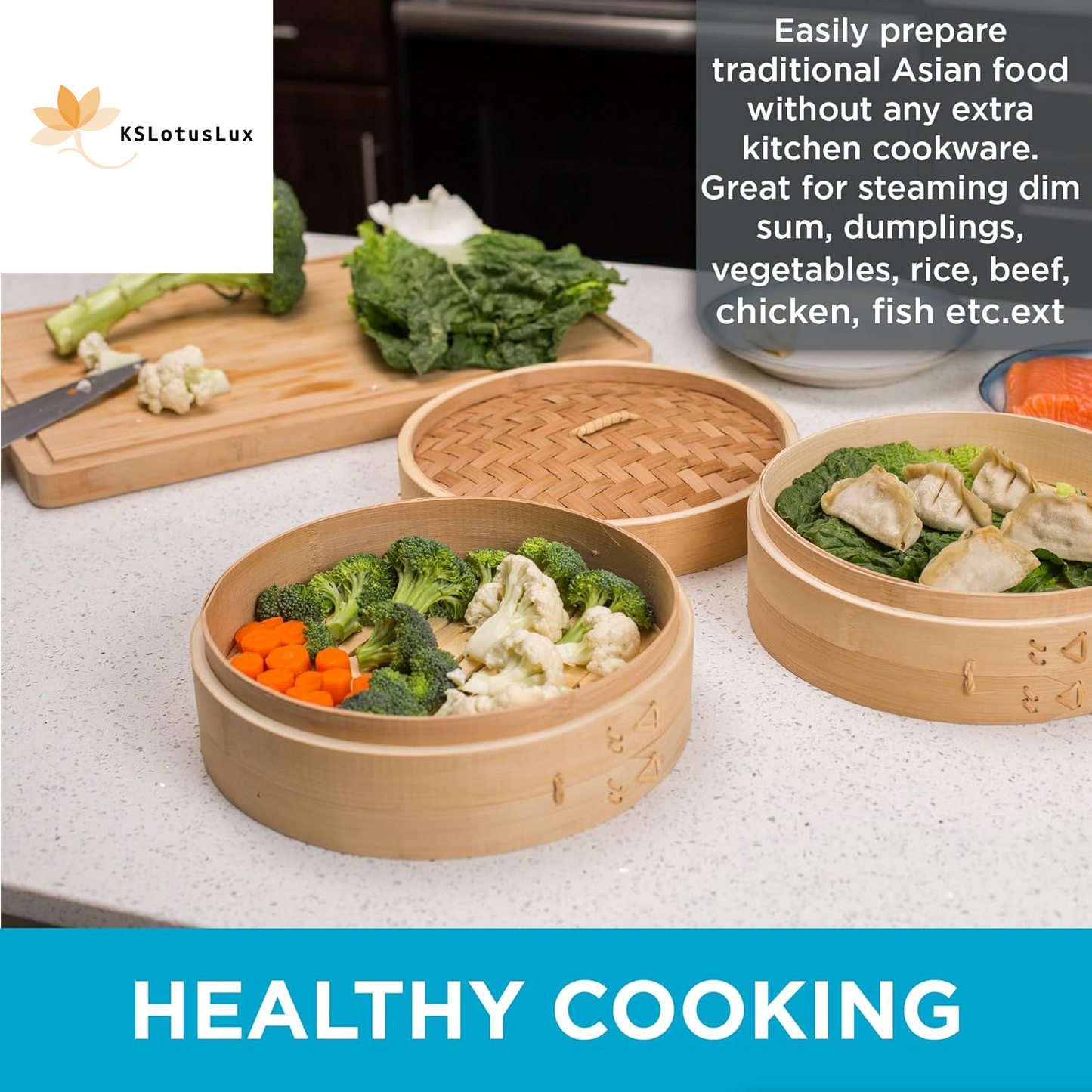 100% Natural 2-Tier Bamboo Steamer Basket (10" Diameter)