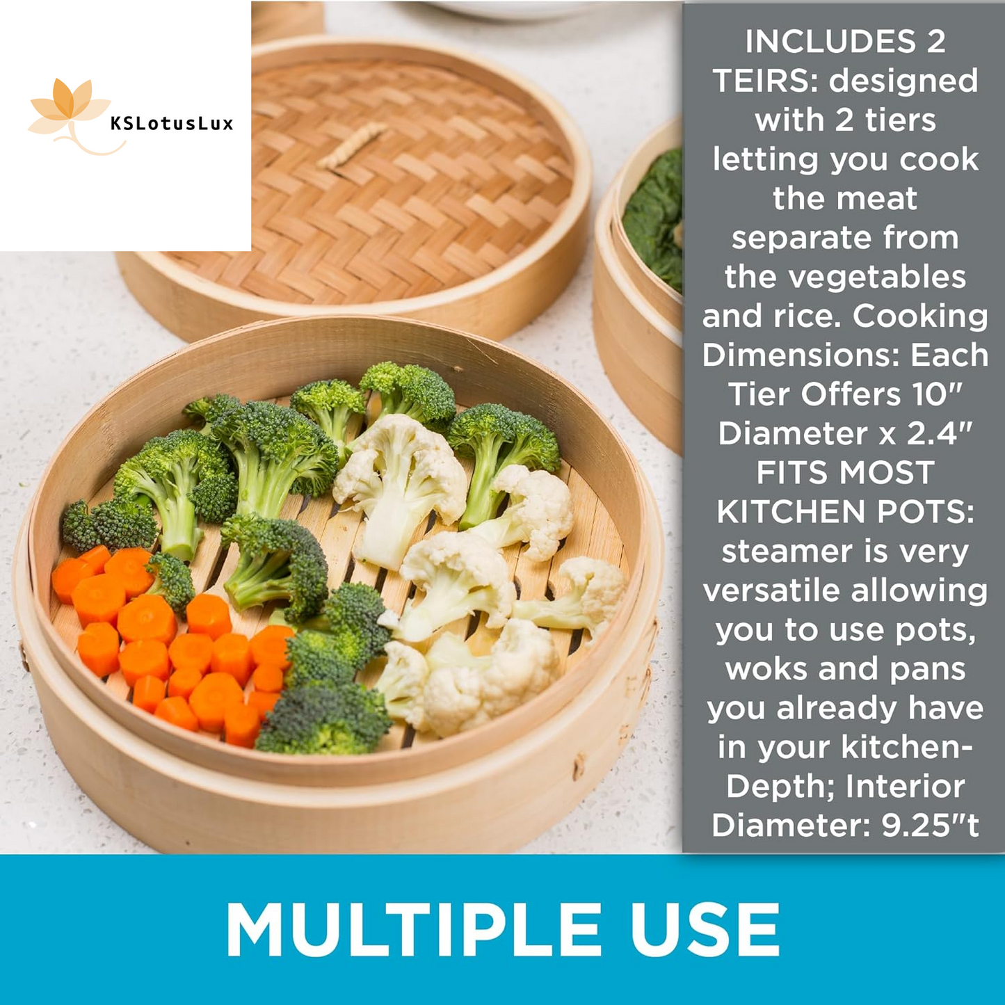 100% Natural 2-Tier Bamboo Steamer Basket (10" Diameter)