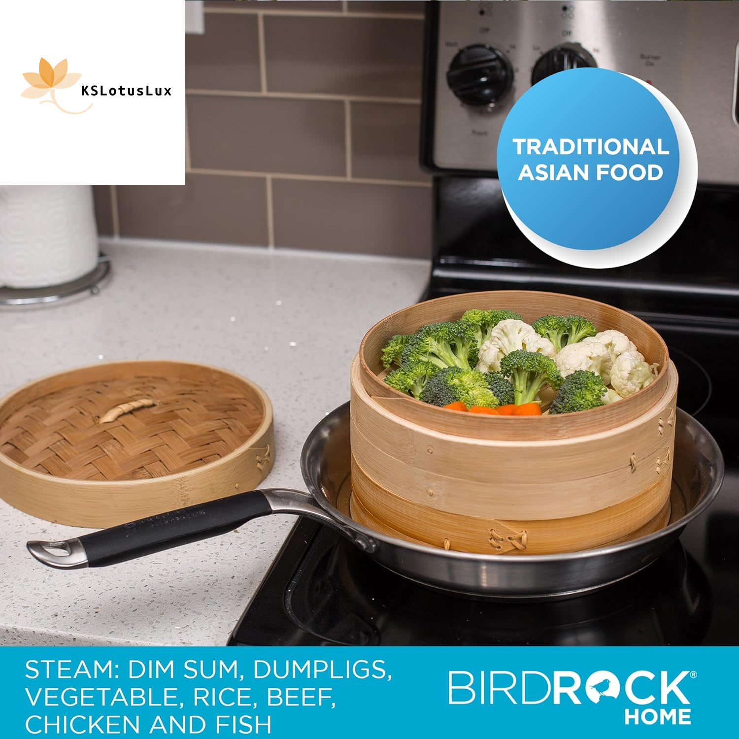 100% Natural 2-Tier Bamboo Steamer Basket (10" Diameter)