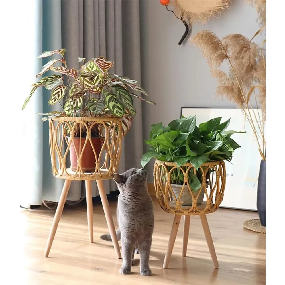 Woven Rattan Decorative Plant Stand with Wooden Legs - Home Decor | KSLotuslux
